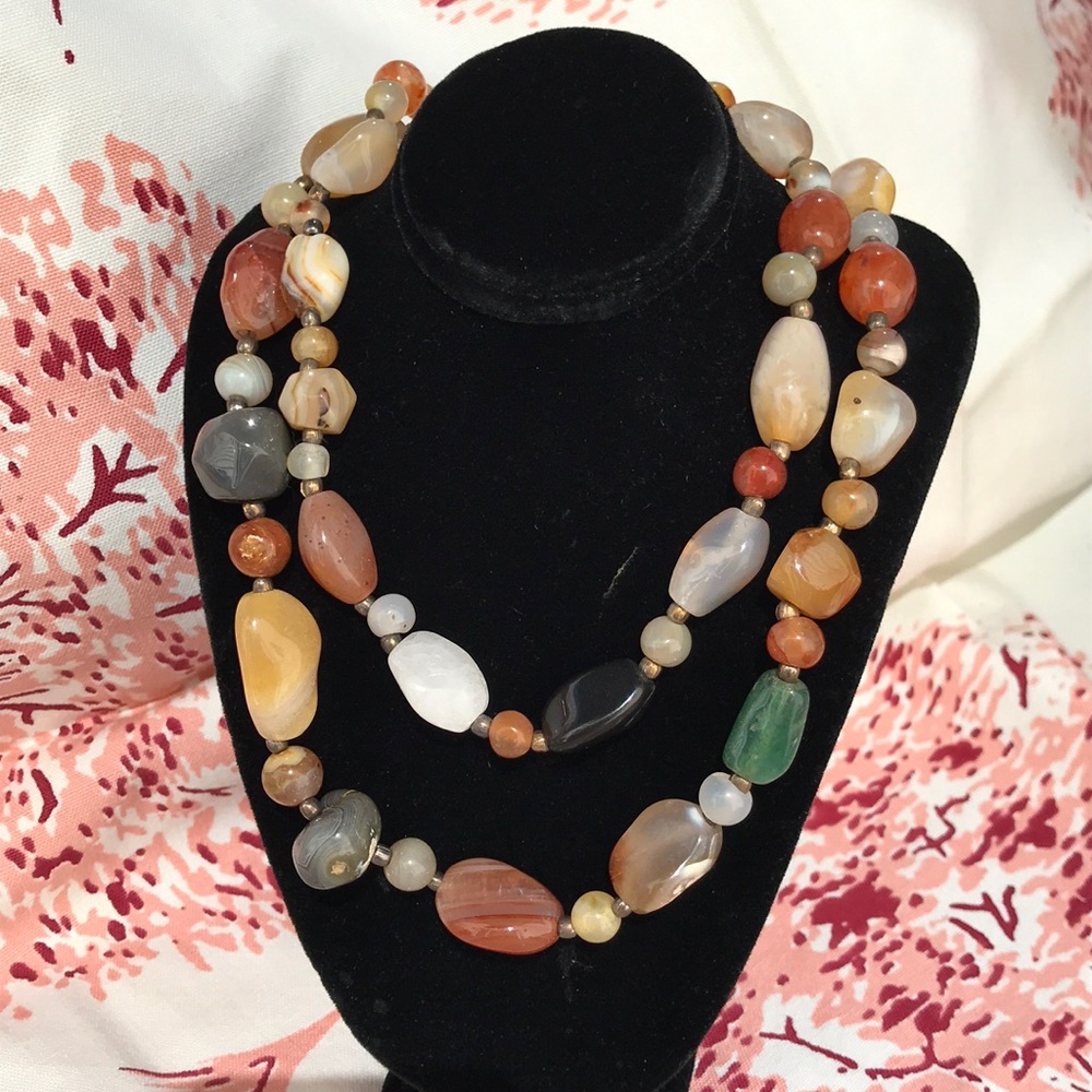 Vintage Polished Agate Quartz and Jade Necklace